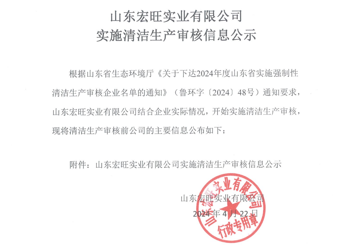 山东宏旺实业有限公司实施清洁生产审核信息公示